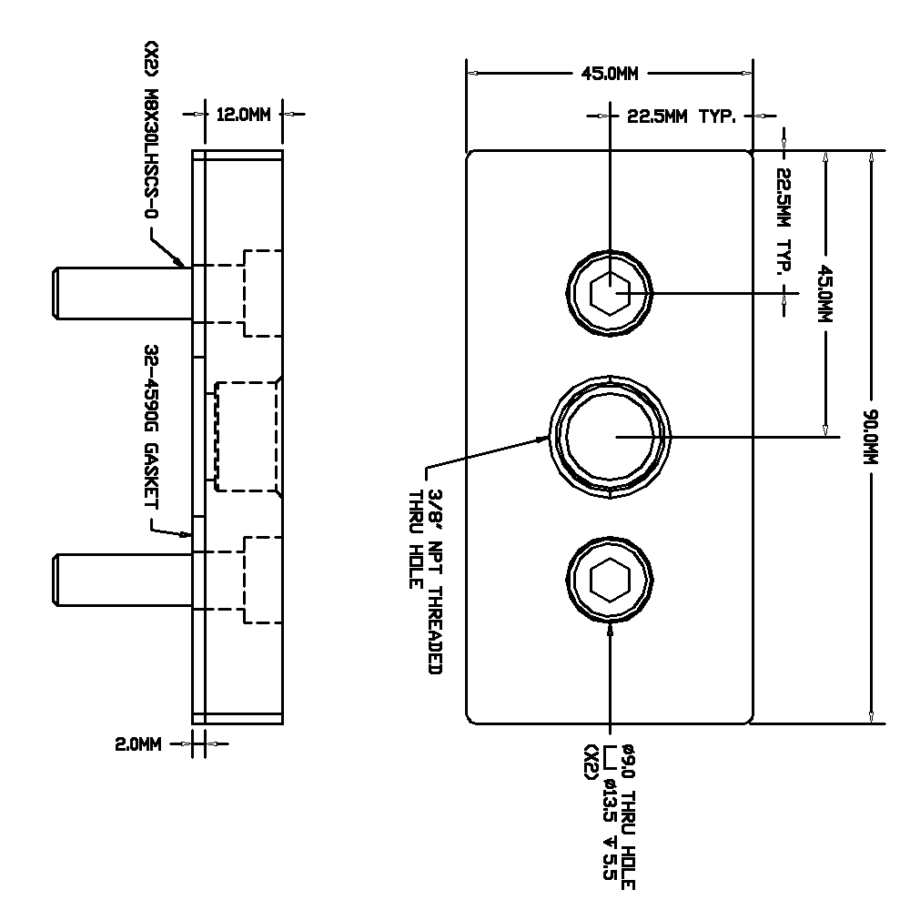 32-459038N-1 MODULAR SOLUTIONS PNEUMATIC PLATE 45MM X 90MM WITH GASKET 3/8 NPT THREADED CENTER THRU HOLE